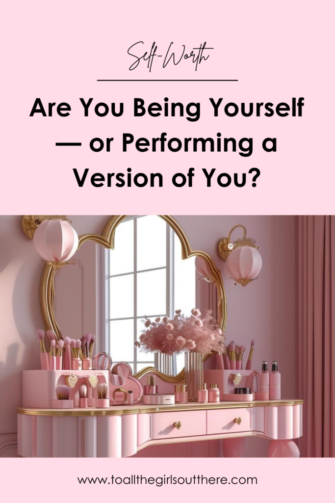 Be your authentic self, pink pinterest pin with image of mirror vanity