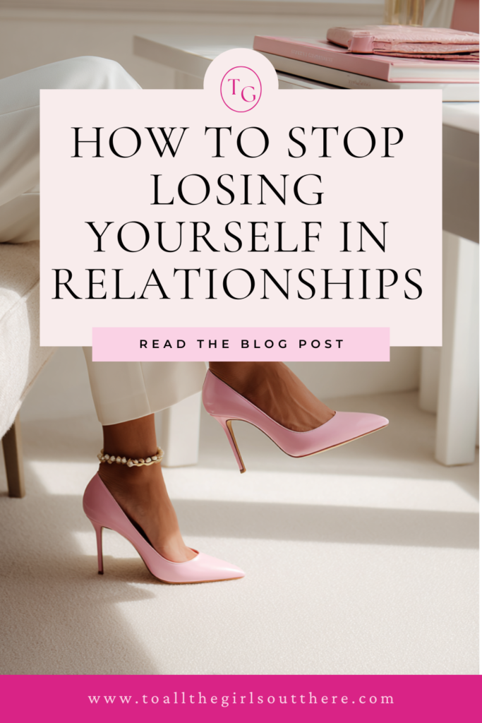 self in relationships pin image. With woman sitting wearing pink stiletto heels.